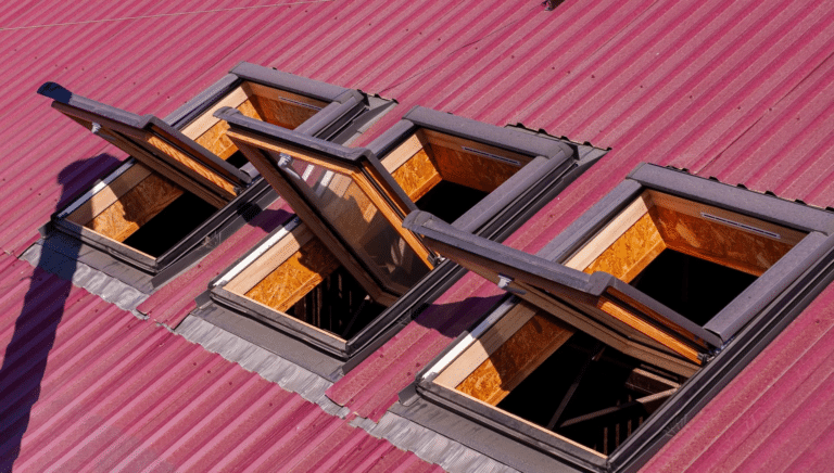 A series of skylights installed on a metal roof.