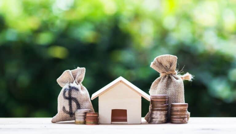 A small wooden house surrounded by fake money bags, showing how much a new roof increases home value.